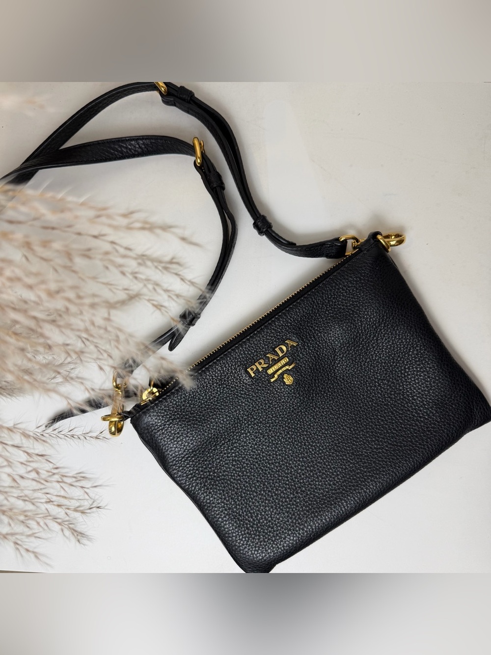 Prada Black Pebbled Leather Crossbody with Gold-Tone Logo